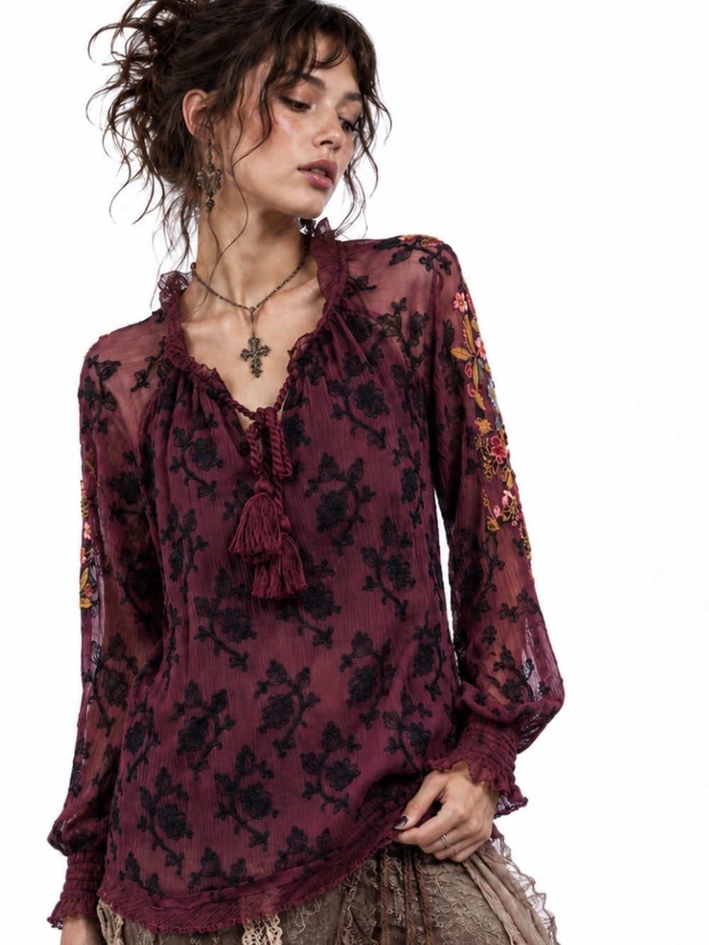 Sundance Gemma Elegance Maroon Floral Embroidered Blouse with Tassel Tie